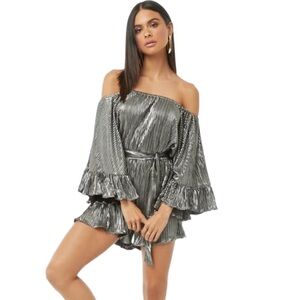 SAN JOY Silver Black Metallic Off The Shoulder Pleated Romper Size S